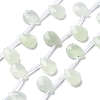 Natural New Jade Beads Strands, Faceted, Teardrop, with Tube Beads, Top Drilled, 14x10.5x4~4.5mm, Hole: 0.5mm, about 24pcs/strand, 16.26''(41.3cm)