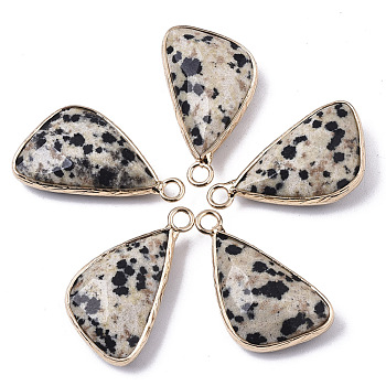 Natural Dalmatian Jasper Pendants, with Light Gold Plated Brass Edge and Loop, Triangle, Faceted, 25~26x16x6mm, Hole: 2.5mm