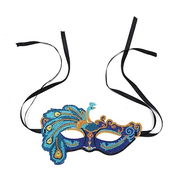 DIY Masquerade Mask Diamond Painting Kits, including Plastic Mask, Resin Rhinestones and Polyester Cord, Tools, Peacock Pattern, 130x240mm