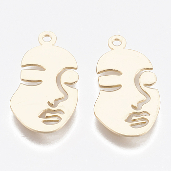 Brass Pendants, Face, Nickel Free, Real 18K Gold Plated, 20x11x0.5mm, Hole: 1mm