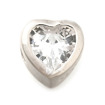 925 Sterling Silver Cubic Zirconia Beads, Heart, with 925 Stamp, Silver Color Plated, Clear, 6.5x6.5x4.5mm, Hole: 1.5mm