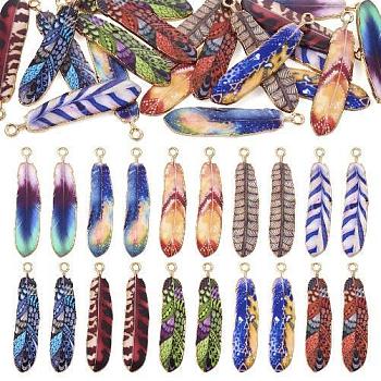 Pandahall 20Pcs 10 Colors Rack Plating Alloy Pendants, Printed, Lead Free & Cadmium Free & Nickel Free, Feather Charm, Light Gold, Mixed Color, 36.5x8x1.5mm, Hole: 1.8mm, 2pcs/color