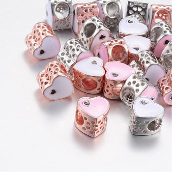 Alloy Enamel European Beads, Large Hole Beads, Hollow Heart, Mixed Color, 10x10~10.5x8mm, Hole: 5mm