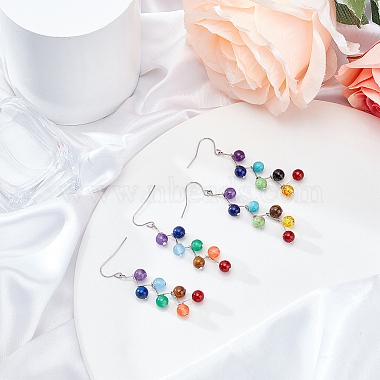 anattasoul 2 paires 2 boucles d'oreilles pendantes en perles rondes avec pierres précieuses naturelles et synthétiques teintées(EJEW-AN0002-78)-7