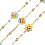 Glass & 304 Stainless Steel Cable Chain Beaded Chains, Flower, Real 18K Gold Plated, Soldered, Ion Plating(IP), Long-Lasting Plated, Colorful, 9x3mm, about 16.40 Feet(5m)/Roll(SA-CBAD321-03B)