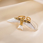 304 Stainless Steel Open Cuff Rings for Women, with Enamel, Golden, Bird, Bird: 23x47.5mm, Adjustable(RJEW-A081-01B-G)