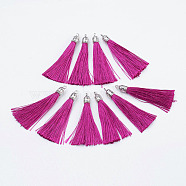 Nylon Tassels Big Pendant Decorations, with Antique Silver Alloy Findings, Hot Pink, 55~67x7mm, Hole: 2mm(STAS-F142-07N)