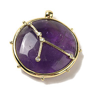 Constellation Natural Amethyst Pendants, Brass Flat Round Charms, Golden, Cancer, 32x30x9mm, Hole: 2mm(G-A300-E06)