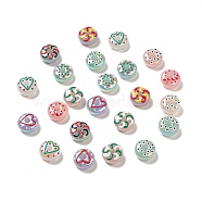UV Plating Opaque Rainbow Iridescent Acrylic Beads, with Enamel, Flat Round with Moon/Heart/Candy Cane Pattern, Mixed Color, 16x8mm, Hole: 3.7mm(ACRC-D001-11A)