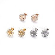 304 Stainless Steel Stud Earrings, with Polymer Clay Rhinestone, Flat Round with Tree of Life, Mixed Color, 14x2mm, Pin: 0.8mm(EJEW-H367-11)