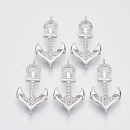 Brass Micro Pave Clear Cubic Zirconia Links connectors, Anchor, Platinum, 31x15.5x2.5mm, Hole: 1.6mm(ZIRC-T012-76P)