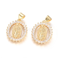Brass Micro Pave Cubic Zirconia Pendants, Lady of Guadalupe Charms, Long-Lasting Plated, Oval with Virgin Mary, Golden, Clear, 20x15x2.5mm, Hole: 5x3mm(KK-I657-32G-B)
