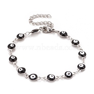 Enamel Oval with Evil Eye Link Chains Bracelet, 304 Stainless Steel Jewelry for Women, Stainless Steel Color, Black, 6-1/2 inch(16.5cm)(BJEW-P271-04P-03)