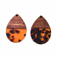 Transparent Resin & Walnut Wood Pendants, Teardrop Charm, Orange, 36x24.5x3mm, Hole: 2mm(RESI-N025-028-C01)