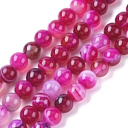 Natural Striped Agate/Banded Agate Beads Strands, Dyed & Heated, Round, Hot Pink, 10mm, Hole: 1.2mm, about 37pcs/strand, 14.65 inch(37.2cm)(G-G582-10mm-56)