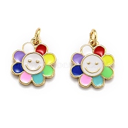 Brass Enamel Charms, Real 18K Gold Plated, Long-Lasting Plated, Flower, Colorful, 14.5x13x1.5mm, Hole: 3mm(X-KK-O135-01B)