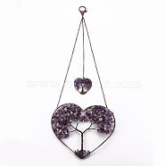 Natural Amethyst Big Pendants, Wire Wrapped Pendants, with Red Copper Brass Wires, Heart with Lobster Claw Clasps, 420~455x138~150x7.5~9.5mm, Hole: 16.5mm(G-T133-R07B)