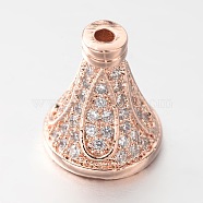 Brass Micro Pave Cubic Zirconia Bead Cones, Rose Gold, 10x10mm, Hole: 1mm & 4mm(X-ZIRC-O019-A-02RG)