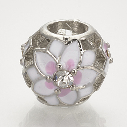 Alloy Enamel European Beads, with Rhinestones, Large Hole Beads, Hollow Barrel with Flower, Platinum, 12x10mm, Hole: 5mm(MPDL-Q208-042P)
