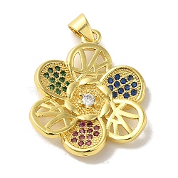Brass Micro Pave Colorful Cubic Zirconia Pendants, Real 18K Gold Plated, Flower, 26x22x3mm, Hole: 5x3.5mm(KK-Z042-20G-03)