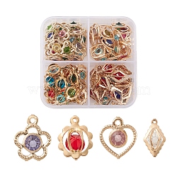 80Pcs 4 Style Rack Plating Eco-Friendly Iron Pendants, with Rhinestone, Flower & Heart & Round & Rhombus Charms, Mixed Color, 15~19x11~13x5~8.5mm, Hole: 1.2~1.5mm, 20Pcs/style(IFIN-FS0001-24)