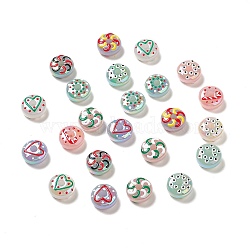 UV Plating Opaque Rainbow Iridescent Acrylic Beads, Hand Drawn Beads, with Enamel, Flat Round with Moon/Heart/Candy Cane Pattern, Mixed Color, 16x8mm, Hole: 3.7mm(ACRC-D001-11A)