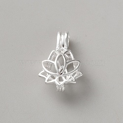 925 Sterling Silver Cage Pendants, Hollow, with S925 Stamp, Lotus, Silver, 22x14x8mm, Hole: 5x2.5mm, Inner Diameter: 12x10.5mm(STER-WH0002-14)