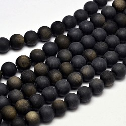 Frosted Natural Golden Sheen Obsidian Round Bead Strands, 10mm, Hole: 1mm, about 37pcs/strand, 15 inch(G-F266-04-10mm)