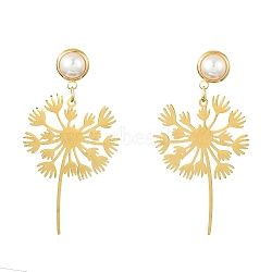 201 Stainless Steel Dandelion Dangle Stud Earrings with Brass Pins, Long Drop Earrings with ABS Plastic Imitation Pearl, Golden, 55x30mm(EJEW-TA00387)