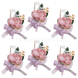 Silk Cloth Imitation Peony Corsages, with Silk Ribbon and Iron Brooch, for Wedding, Party Decorations, Pink, 125~135x80~85mm(AJEW-WH0285-81B)
