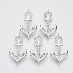 Brass Micro Pave Clear Cubic Zirconia Links connectors, Anchor, Platinum, 31x15.5x2.5mm, Hole: 1.6mm(ZIRC-T012-76P)