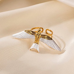 304 Stainless Steel Open Cuff Rings for Women, with Enamel, Golden, Bird, Bird: 23x47.5mm, Adjustable(RJEW-A081-01B-G)