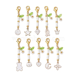 Alloy Enamel Pendant Decorations, Glass Seed Beads and Alloy Lobster Claw Clasps Charms for Bag Ornaments, Mixed Shapes, White, 42~53mm, 10pcs/set(HJEW-MZ00087)