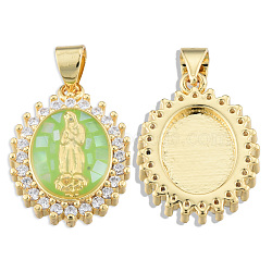 Brass Micro Pave Clear Cubic Zirconia Pendants, with Enamel and Shell, Real 18K Gold Plated, Nickel Free, Oval with Virgin Mary, Light Green, 19.5x14.5x4mm, Hole: 3x4mm(KK-N227-92E)