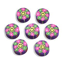 Handmade Polymer Clay Beads, Flat Round with Smiling Face & Flower, Blue Violet, 8.5~10x4.5mm, Hole: 1.5mm(CLAY-T019-14B)