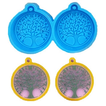 Flat Round with Tree of Life Pendant Silicone Molds, Resin Casting Molds, for DIY UV Resin & Epoxy Resin Jewelry Making, Deep Sky Blue, 31x54x7mm, Hole: 2mm