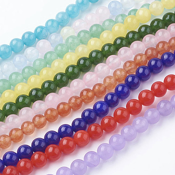 Natural White Jade Beads Strands, Dyed, Round, Mixed Color, 6mm, Hole: 1mm, about 63pcs/Strands