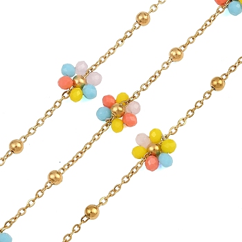 Glass & 304 Stainless Steel Cable Chain Beaded Chains, Flower, Real 18K Gold Plated, Soldered, Ion Plating(IP), Long-Lasting Plated, Colorful, 9x3mm, about 16.40 Feet(5m)/Roll