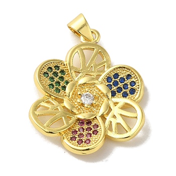 Brass Micro Pave Colorful Cubic Zirconia Pendants, Real 18K Gold Plated, Flower, 26x22x3mm, Hole: 5x3.5mm