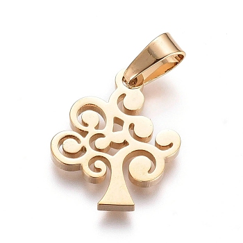 304 Stainless Steel Pendants, Tree of Life, Golden, 16x12x1.3mm, Hole: 6x3mm