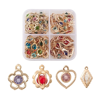 80Pcs 4 Style Rack Plating Eco-Friendly Iron Pendants, with Rhinestone, Flower & Heart & Round & Rhombus Charms, Mixed Color, 15~19x11~13x5~8.5mm, Hole: 1.2~1.5mm, 20Pcs/style