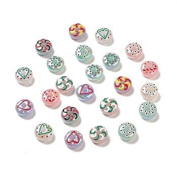 UV Plating Opaque Rainbow Iridescent Acrylic Beads, with Enamel, Flat Round with Moon/Heart/Candy Cane Pattern, Mixed Color, 16x8mm, Hole: 3.7mm