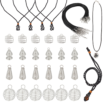 Elite DIY Cage Pendant Necklace Making Finding Kit, Including Waxed Cord & Macrame Pouch Necklace Making, Iron Wire Pendants, Platinum, 68Pcs/box