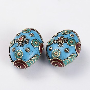 Tibetan Style Oval Beads, with Resin Imitation Beeswax, Synthetic Turquoise and Antique Silver Brass Findings, Deep Sky Blue, 41.5x34x23mm, Hole: 2mm