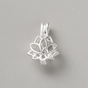 925 Sterling Silver Cage Pendants, Hollow, with S925 Stamp, Lotus, Silver, 22x14x8mm, Hole: 5x2.5mm, Inner Diameter: 12x10.5mm