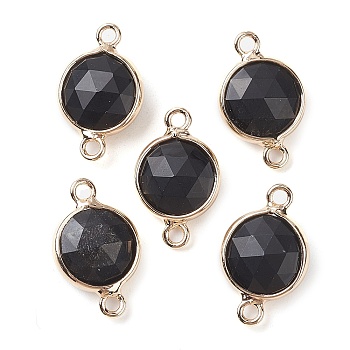 Natural Obsidian Connector Charms, Faceted Flat Round with Golden Plated Brass Frame, 16.5x10.5x5mm, Hole: 1.5mm