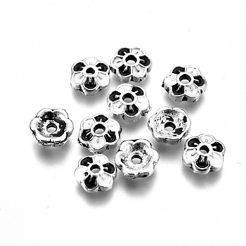 Antique Silver Plated Alloy Enamel Bead Caps, 6-Petal, Flower, Black & White, 6x2mm, Hole: 1mm