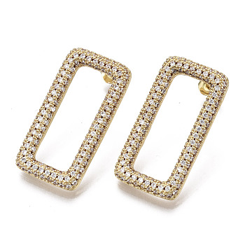 Brass Micro Pave Clear Cubic Zirconia Stud Earrings, with Ear Nuts, Rectangle, Nickel Free, Real 16K Gold Plated, 28.5x15mm, Pin: 1mm