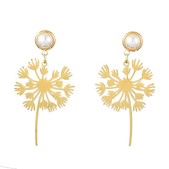 201 Stainless Steel Dandelion Dangle Stud Earrings with Brass Pins, Long Drop Earrings with ABS Plastic Imitation Pearl, Golden, 55x30mm