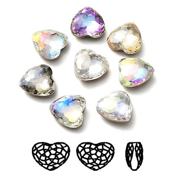 K9 Glass Rhinestone Cabochons, Flat Back & Back Plated, Faceted, Heart, Mixed Color, 18x18mm